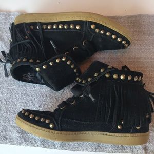 ASH Suede Fringe Black Ankle Wedge Boots  SIZE 36